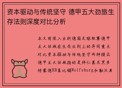 资本驱动与传统坚守 德甲五大劲旅生存法则深度对比分析