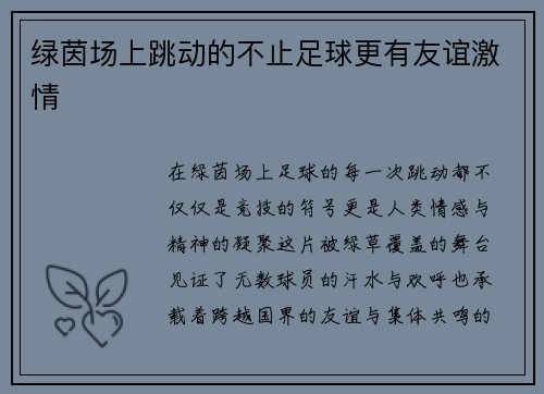 绿茵场上跳动的不止足球更有友谊激情