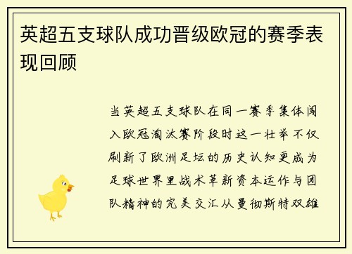 英超五支球队成功晋级欧冠的赛季表现回顾